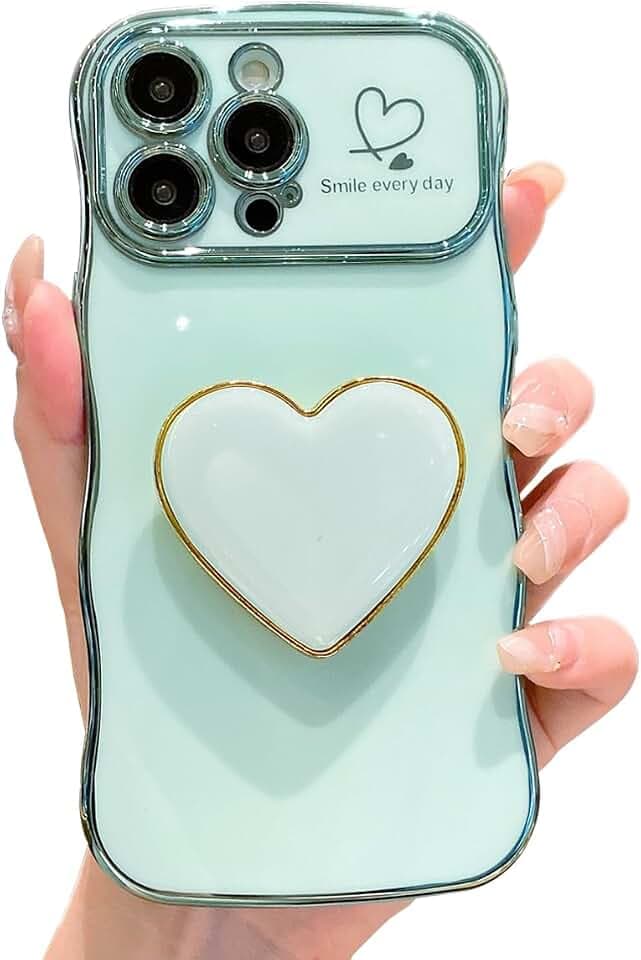 Compatible with Cute iPhone 16 Pro 6.3'', Green Wave Frame Shape Phone Case with Love Heart Kickstand Camera Protection Luxury Plating Shockproof TPU Protective Cover for Women Girls