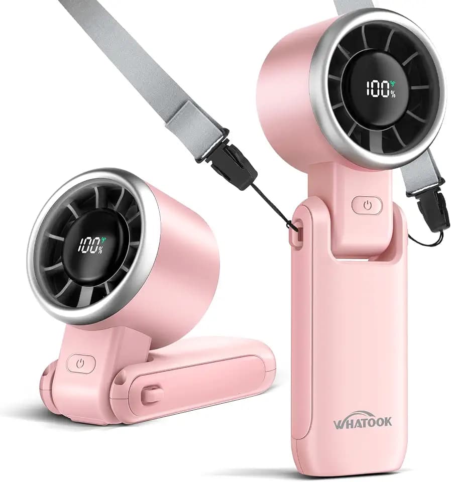 WHATOOK Portable Handheld Turbo Fan: 12m/s Strong Wind Mini Fan for Makeup & Lash, 4000mAh Battery Operated Rechargeable Personal Fan with LED Display, 3 in 1 Foldable Small Fan for Concerts, (Pink)