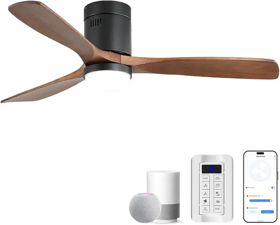 CACI Mall Smart 52 inch Wood Flush Mount Ceiling Fans with Lights and Remote, 3 Blades, Low Profile, Modern, Compatible with Alexa/Google/App, Outdoor Indoor Ceiling Fans for Bedroom/Farmhouse/Patio