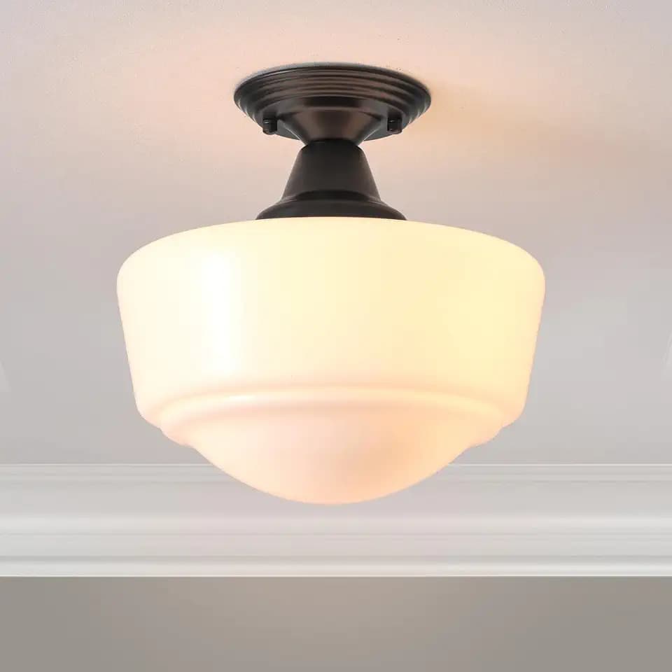 Schoolhouse Light Fixture, 12 Inch Black Finish with Milk Glass Semi Flush Mount Ceiling Light, Ceiling Light Fixture for Kitchen Hallway Entryway