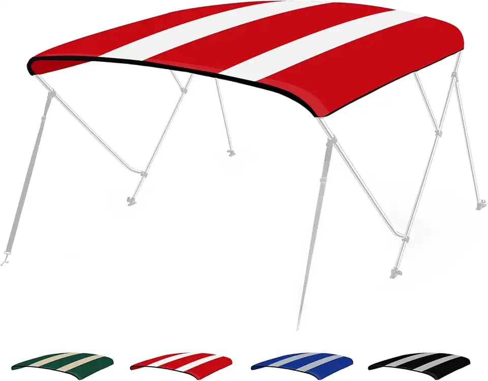 Seamander 3 Bow/ 4 Bow Bimini Top Replacement Cover,Waterproof Canvas Sun Shade Boat Canopy,Easy Install Zipper Sleeves &Light Hole Without Frame,3 Bow Red/White 6'L 85"-90" W