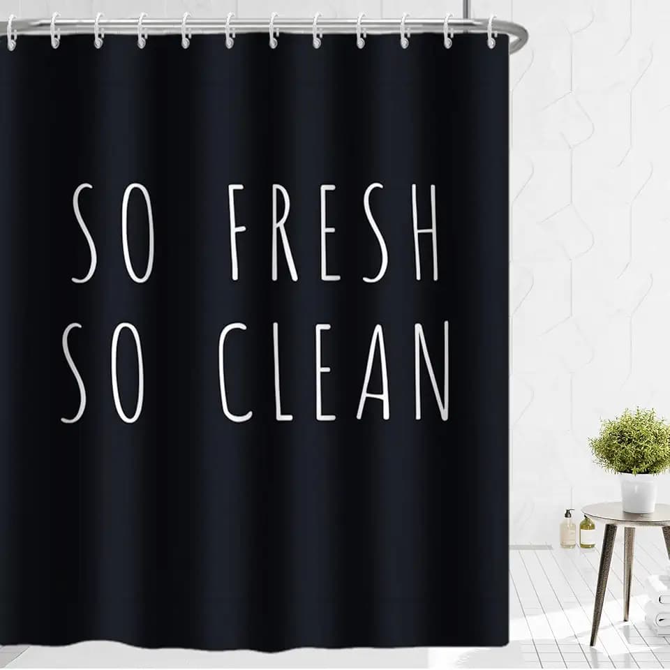 Yeele Black Shower Curtain Waterproof Fabric Polyester SO Fresh SO Clean Letters Funny Bathtub Curtains Modern Unique Bathroom Decoration Set with 12 Hooks,72x72in