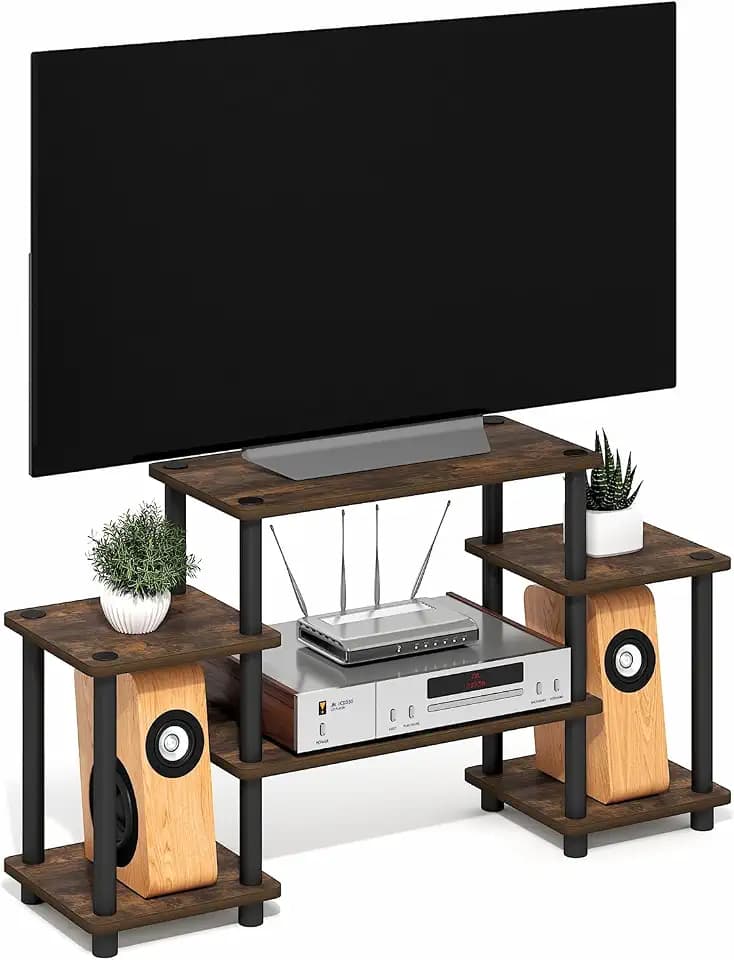 Furinno Turn-N-Tube TV Stand, 6-Shelf Entertainment Center with Shelves, Toolless TV Console with Raised Top for TV up to 50 Inch, Open Back, for Living Room, Bedroom, Amber Pine