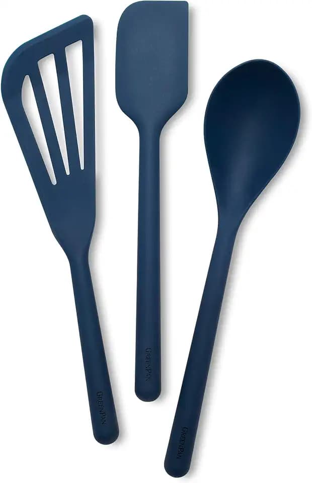 GreenPan Silicone 3 Piece Cooking Utensil Set, Fish Turner, Mixing Spatula, Solid Spoon, Flexible Nonstick Kitchen Tools Rigid Steel Core, Heat-Resistant Anti-Slip Handle BPA-Free Dishwasher Safe Blue