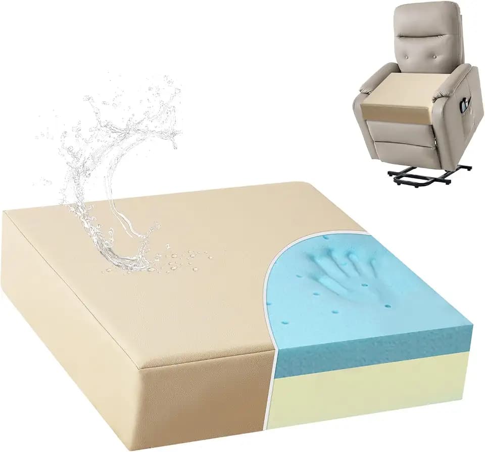 Shinnwa Gel Memory Foam Recliner Cushion for Elderly, Waterproof Faux Leather Seat Cushion, Dual-Layer Foam Chair Pad for Couch, Armchair, Wicker Chairs, Floor, 20 × 20 × 5in, Light Camel