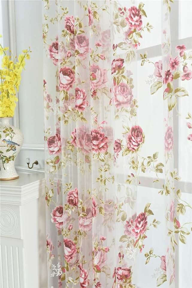 Rod Pocket Top Rose Floral Sheer Voile Curtain, Pink Flower Tulle Transparent Window Treatment for Living Room Bedroom Glass Door, 54 by 63 Inch Each, 1 Set of 2 Panels