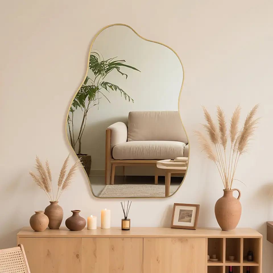 Irregular Asymmetrical Wall Mirror, 36x24 Inch Gold Bathroom Mirror