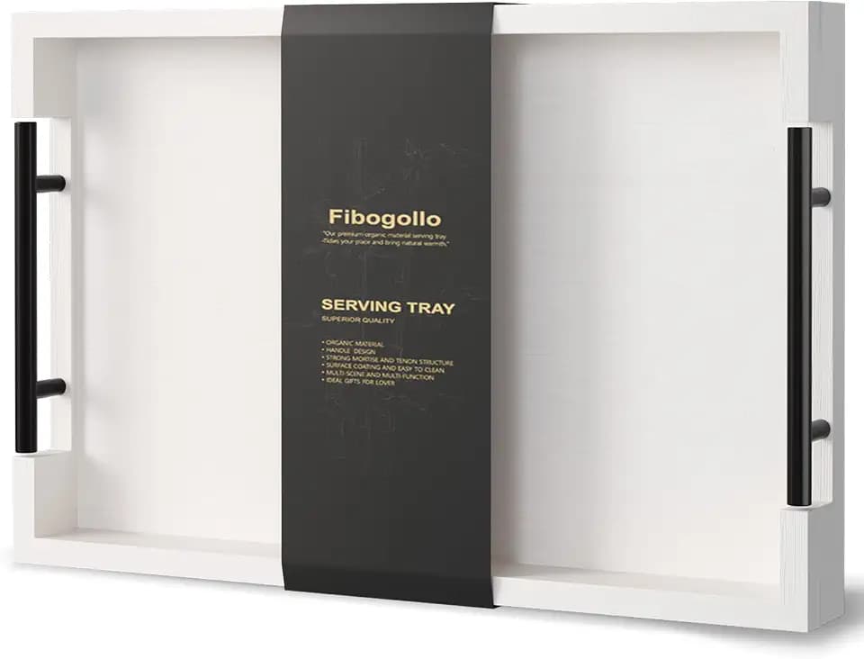 Fibogollo Bamboo Serving Trays with Metal Handles,Medium(White)