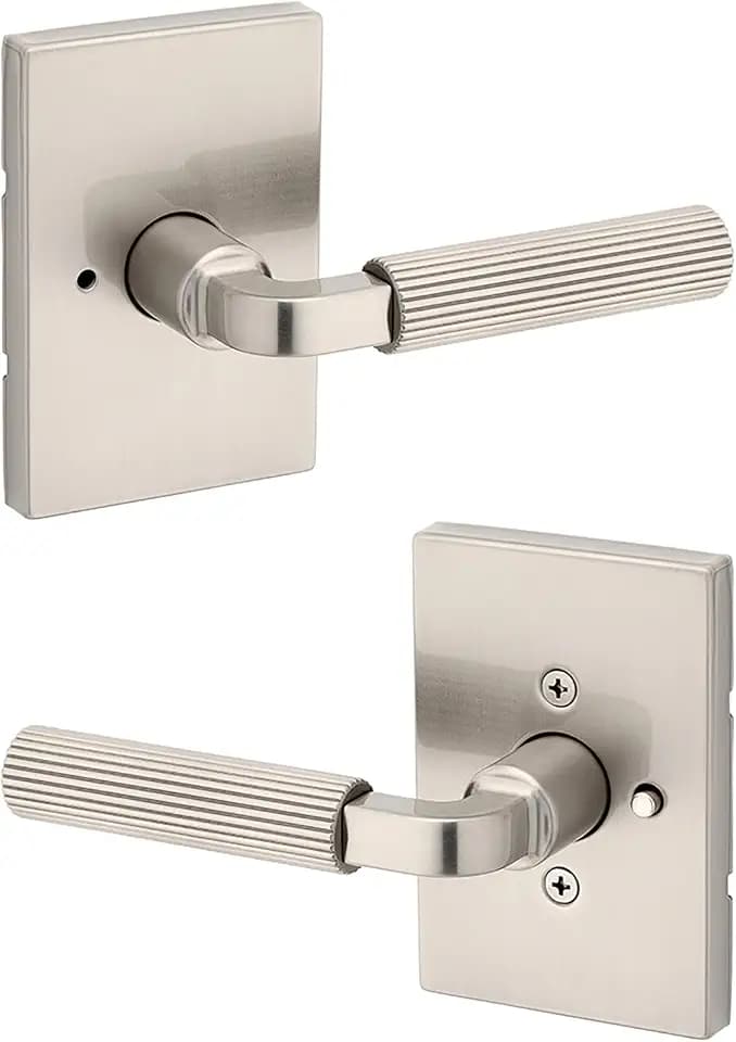 Kwikset Mirada Reeded Interior Privacy Door Handle with Lock, Handle for Bathroom and Bedroom, Satin Nickel, Reversible Keyless Push Button Lock, with Microban Protection