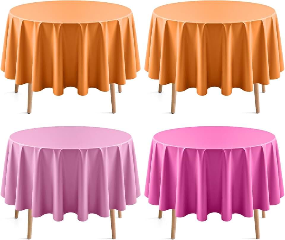 4 Pieces Pink & Orange Series Round Tablecloth, 84" Solid Color Waterproof & Spillproof Disposable Plastic Table Cover, Durable Party Tablecloth for Dining, Buffet, Picnic, Outdoor Events