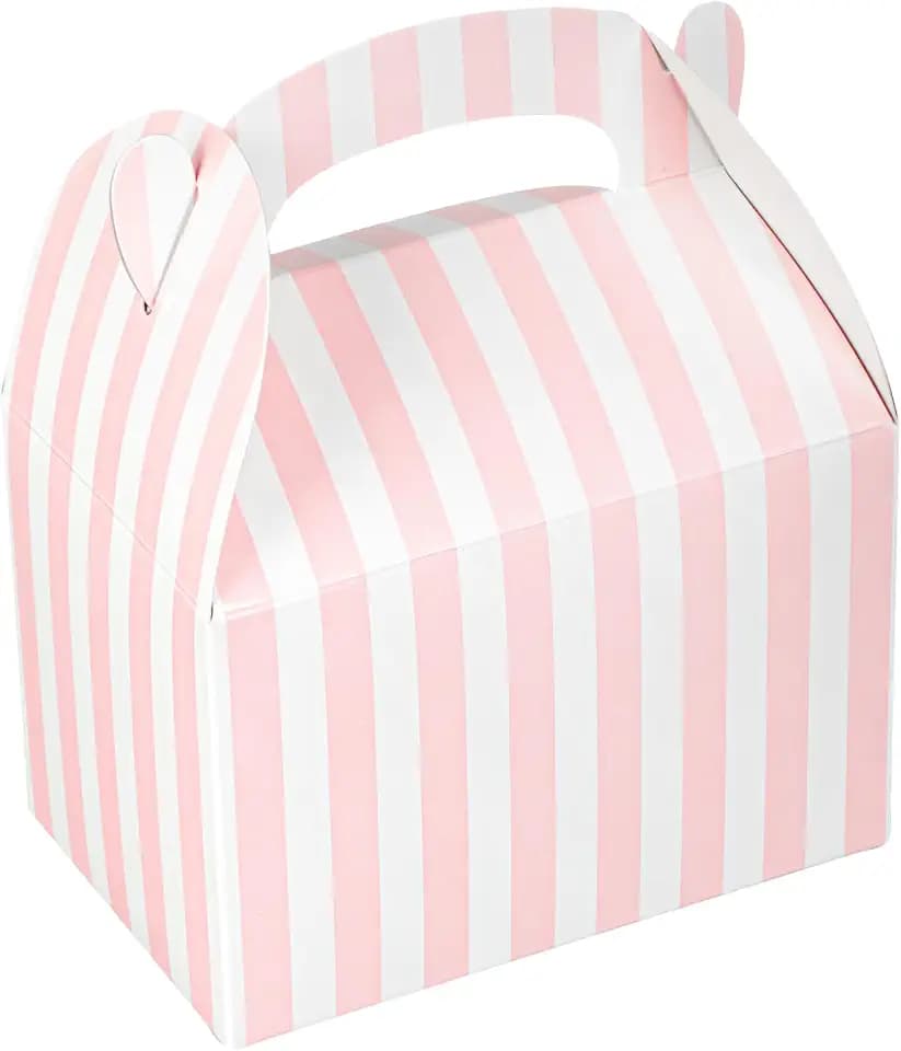Restaurantware Gable Gift Boxes With Handle 25 Count 4 x 2.5 x 2.5 Inches Paper Pink Party Favor Boxes Striped Cardboard Treat Boxes Pink And White