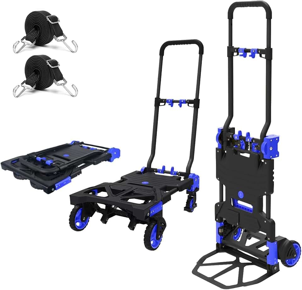 Folding Hand Truck Heavy Duty 330LB Load Carrying,Convertible Dolly Cart with Retractable Handle and 4 Rubber Wheels,Portable Hand Truck Foldable for Luggage/Personal/Travel/Mobile/Office Use.