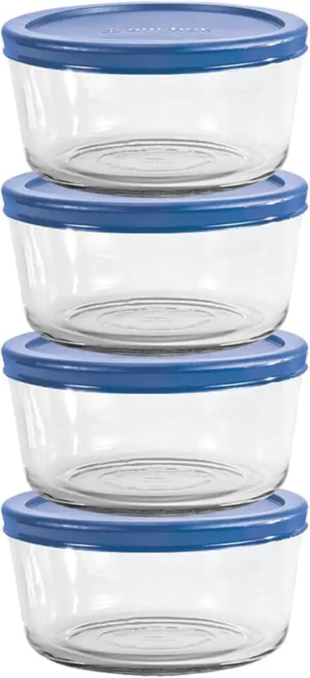 Anchor Hocking 2 Cup Glass Storage Containers with Lids, Set of 4 Glass Food Storage Containers with Blueberry SnugFit Lids