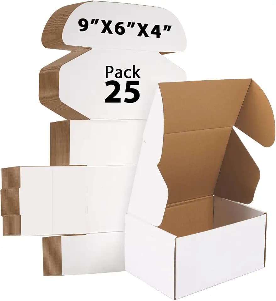 Shipping Boxes 25 Pack, Corrugated Cardboard Mailer Boxes for Small Business, Easy Fold Literature Mailers, Heavy Duty 3 Layer Packaging Boxes for Shipping, Mailing, Gift Packaging (White, 9x6x4)