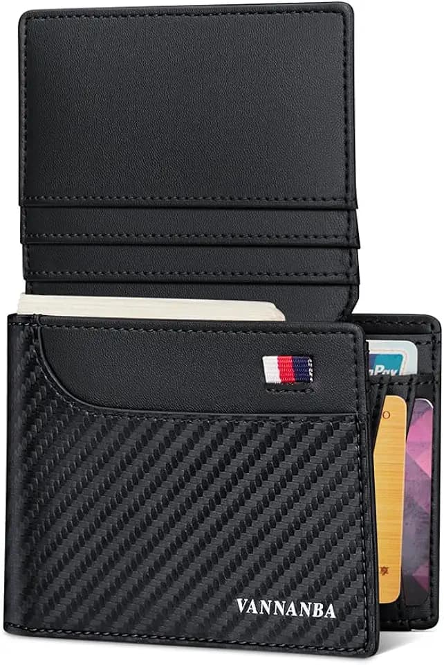 Carbon Fiber Wallet for Men-Real Leather RFID Blocking Bifold Stylish Wallet With 2 ID Windows