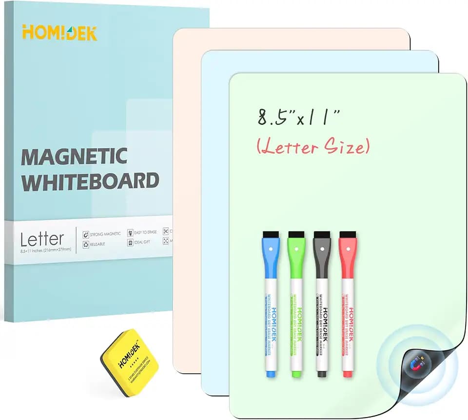 HOMiDEK Magnetic Dry Erase Board, 3 Colors Fridge Magnet White Board Sheet with 4 Markers & 1 Eraser, Reusable Blank Magnetic Whiteboard to Write On for Refrigerator, Locker, Cabinet, Door - 8.5 x 11