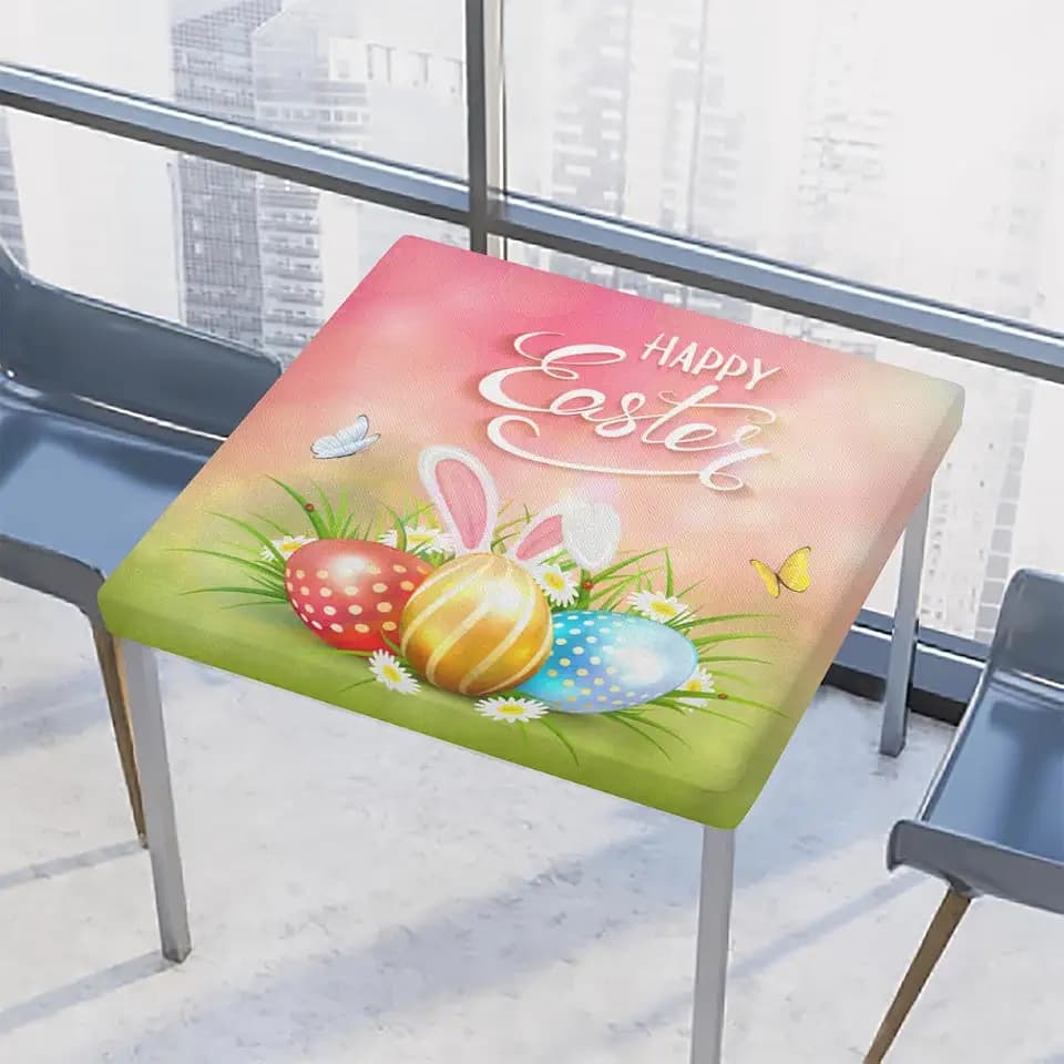 cfpolar Happy Easter Tablecloth with Elastic Edge, Easter Eggs Waterproof Square Fitted Tablecloth, Wipeable Washable Tablecloths for Dining Kitchen Party Indoor Patio Table 34 x 34 Inch