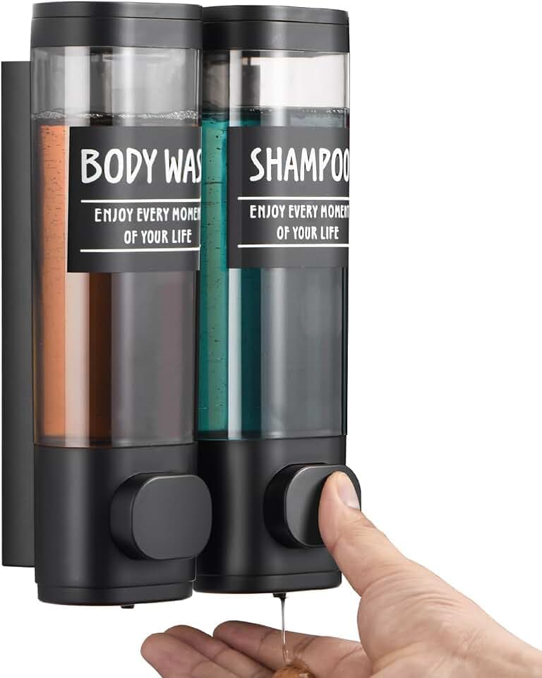 Shampoo and Conditioner Dispenser,GlintGath Shower Dispenser 2 Chamber No Drill Shampoo Dispenser for Shower Wall Mounted Shower Soap Dispenser for Bathroom Hotel,2 * 350ML,Matte Black