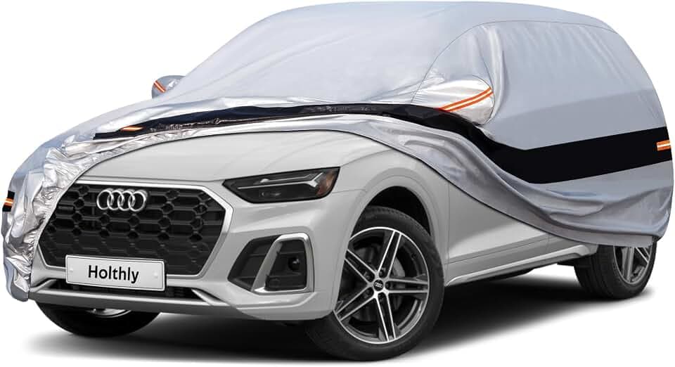 Autoabdeckung SUV 100% Wasserdicht, Auto Abdeckplane für SUV Vollgarage Regen Sonne Staub UV Schutz. Autoplane Passend für VW Tiguan, Volvo XC40, BMW X1, Dacia Duster usw. Silbrig C10