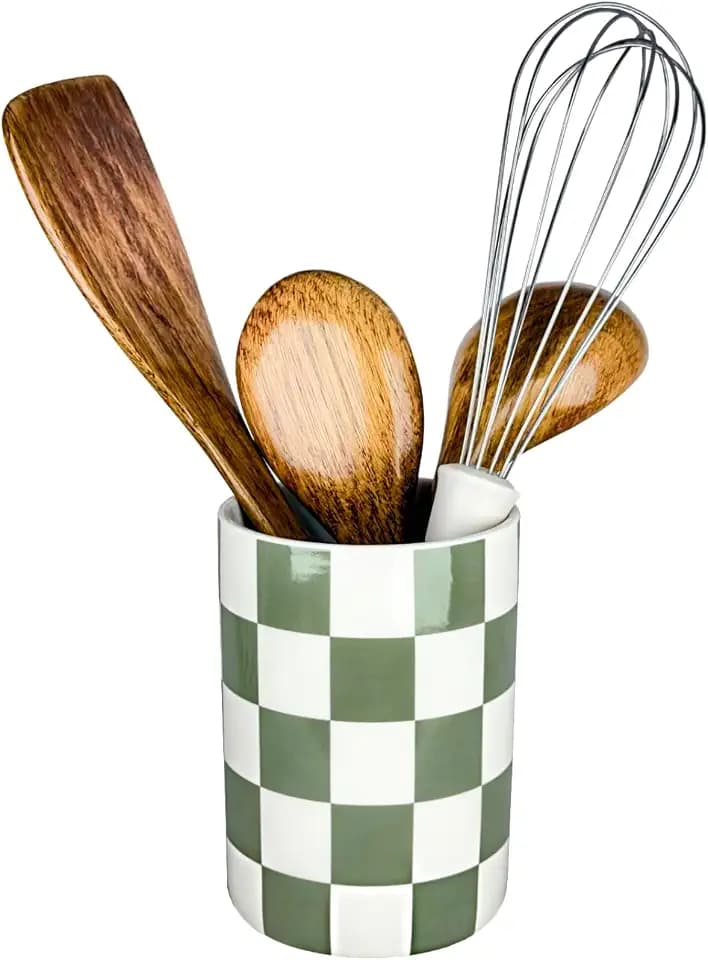 Checkered Utensil Holder, 4.13''x5.71" Utensils Caddy for Kitchen Counter, Medium Size Utensil Crock for Countertop, Utensils Organizer Storage for Parties Dining-Modern Sage Green and White