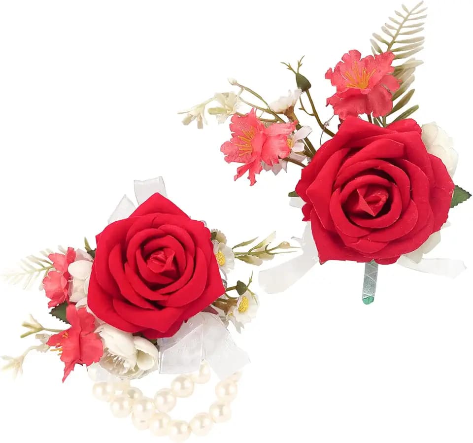 Boutonniere & Wrist Corsage Set for Wedding Prom, Red Rose