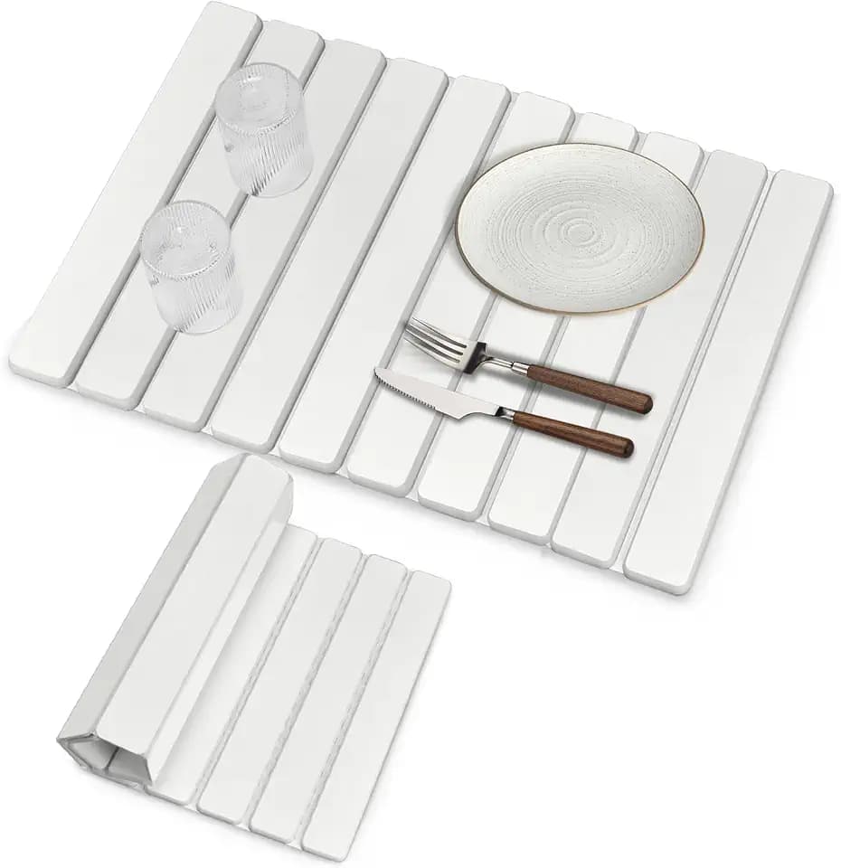 Large Stone Dish Drying Mat for Kitchen Counter, 24"(L)×16"(W), Collapsible Quick Drying Mat, Absorbent Eco-Friendly Diatomaceous Earth Mats for Dishes Bottles and Match Any Countertop【White】