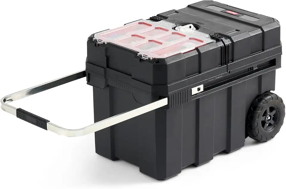 Keter Masterloader Resin Rolling Tool Box with Locking System and Removable Bins – Perfect Organization and Storage Chest for Power Drill, Tape Measure, and Screwdriver Set, Black