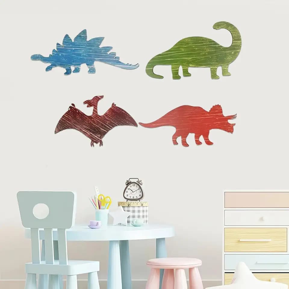 XWLB Wooden Dinosaur Wall Art Set of 4, Nursery Wall Decor for Boys Kids Playroom, Farmhouse, Dinosaur Themed Room Decoration for Bathroom Bedroom
