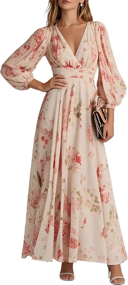 XNC Long Sleeve Dresses for Women 2026 Summer Casual Floral Chiffon Dress