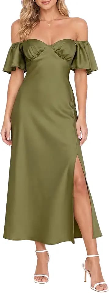 Phicia Summer Women's Satin Off Shoulder Formal Midi Dress Wedding Guest