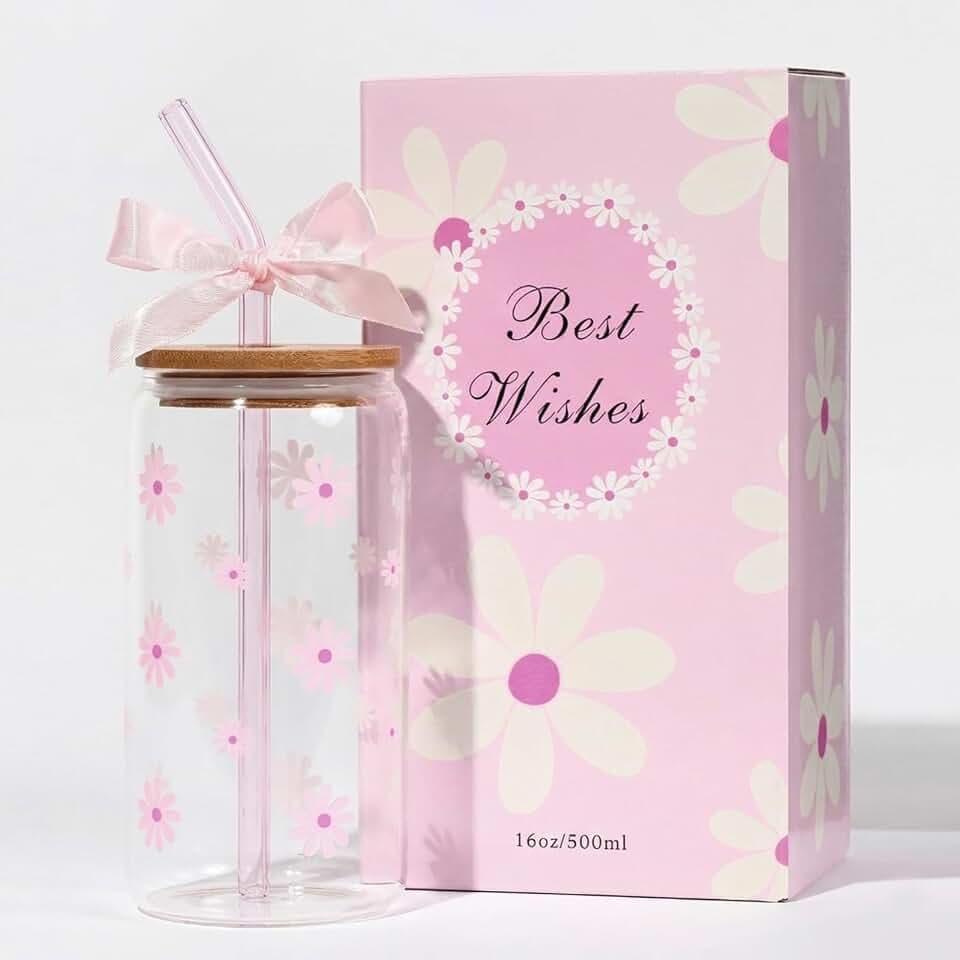 Cute Glass Cups with Lid Straw Teen Girl Birthday Gifts for Women