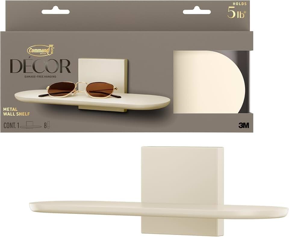 Command Decor Metal Wall Shelf, Light Beige, 1 Shelf, 8 Large Strips