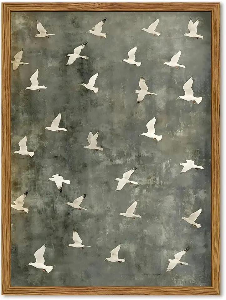 Framed Vintage Flying Bird Canvas Wall Art, Minimalist Abstract Flock of White Birds Pictures Wall Decor, Cottagecore Nature Wildlife Prints Paintings for Living Room Bedroom Home Office 12x16 inch