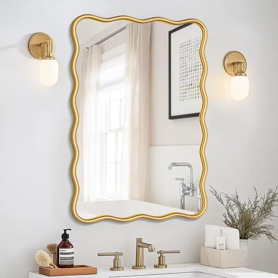 PROHOMEWARE 20x28 Gold Wavy Irregular Bathroom Mirror, Wall-Mounted