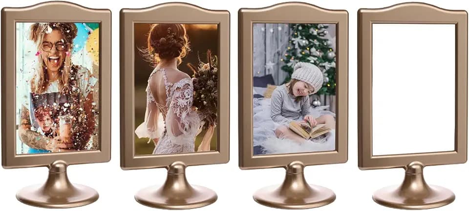 Meonua Double Sided Standing Picture Frames 4x6 Inch Pedestal Photo Frame with Inserts and Base - 2 Sided Frame for Vertical Display(Champagne Gold, 4 count)