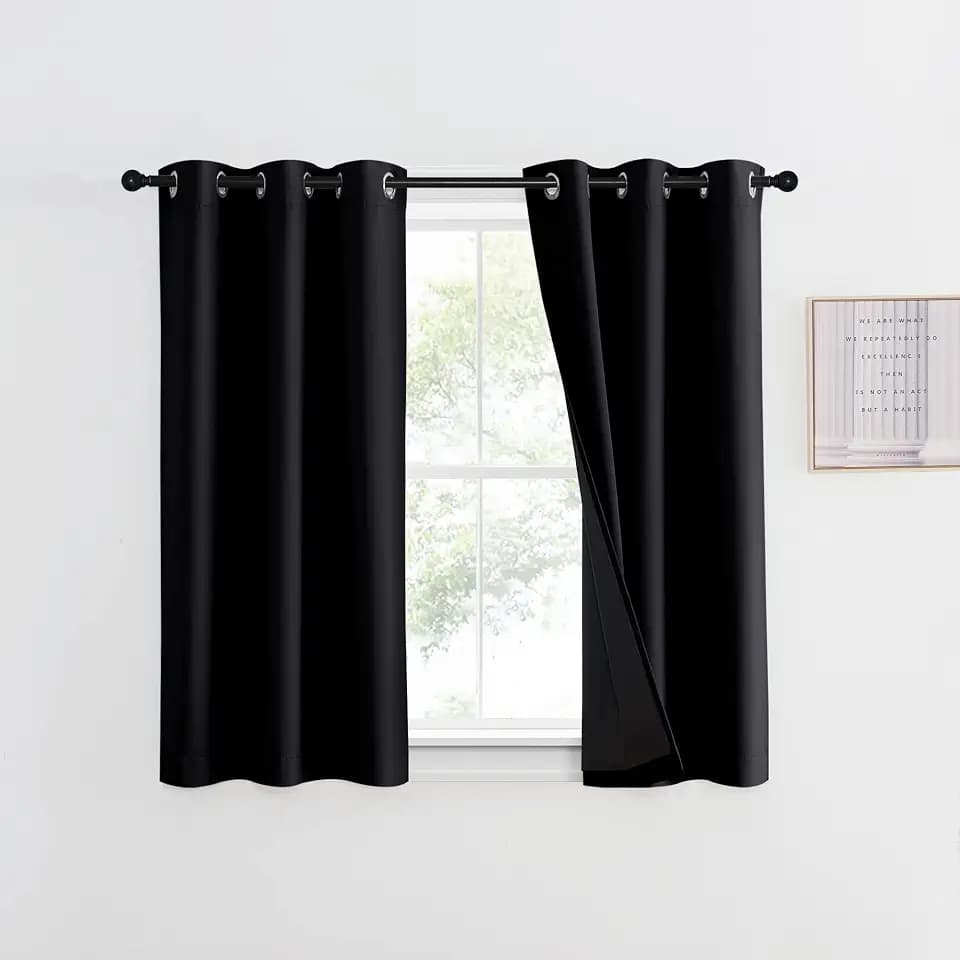 NICETOWN 100% Blackout Curtain 45 inches Length, 2 Thick Layers Completely Blackout Window Treatment Thermal Insulated Lined Drape for Basement Window (Black, 1 Piece, 42 inches Width Each Panel)