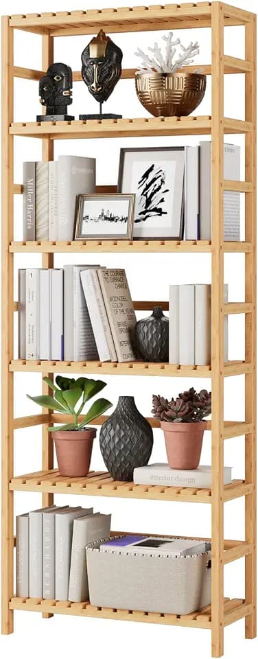 Bamjoy Bamboo Shelf, 6 Tier Bookcase Storage Shelves, Tall Book Rack Shelving Unit, Multipurpose Storage Display Shelf Adjustable Storage Rack for Bathroom Home Office Living Room Kitchen, Natural