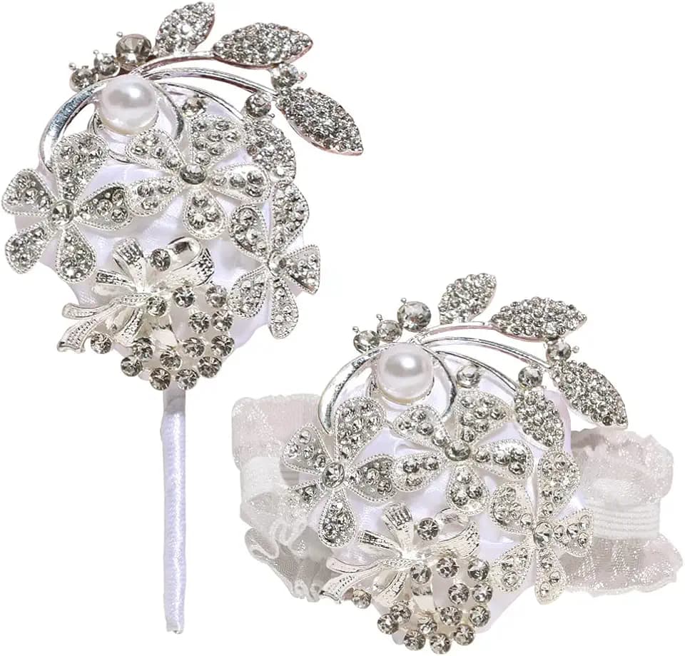WANLIAN Wrist Corsage with Peal and Rhinestone Corsage and Boutonniere Set for Wedding,Prom,Party (Silver White,2 Pieces)