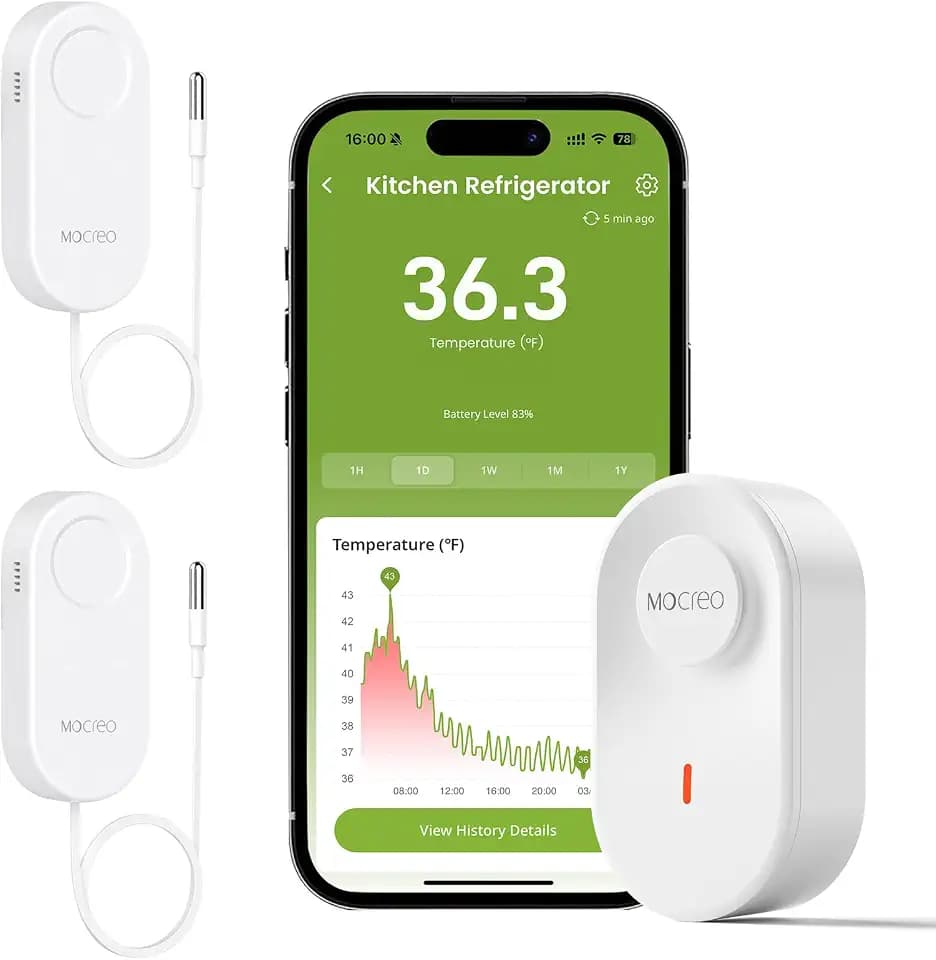 MOCREO WiFi Thermometer Freezer Alarm, Email Alert, App Notification, Data Record Export, No Subscription Fee, 2 Remote Wireless Temperature Sensors for Refrigerator, Freezer, Hot Tub