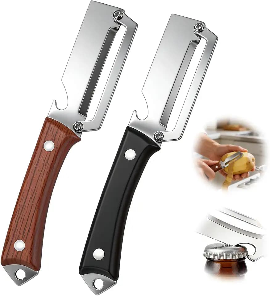 2 Pack Multi Functional Vegetable Peeler with Bottle Opener and Wooden Handle 2-in-1 Stainless Steel Blade Peelers for Kitchen Potato Apple kiwi Fruit Cucumber Papaya Carrot Veggie Peeler