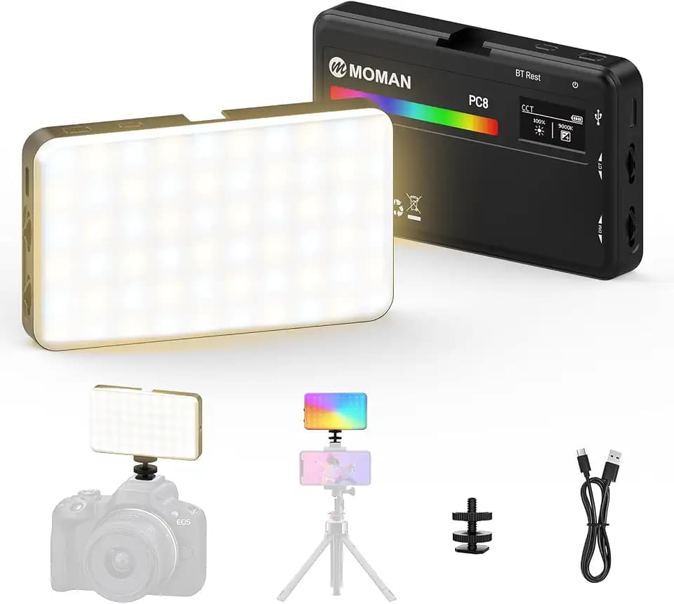 MOMAN PC8 RGB Videoleuchte, 8W Led Kamera Licht, 2500K-8500K(Schwarz)