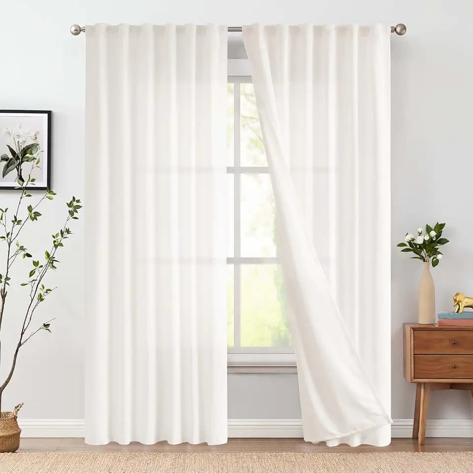 jinchan Lined Linen Curtains Privacy Back Tab 50x96 Inch 2 Panels Set White