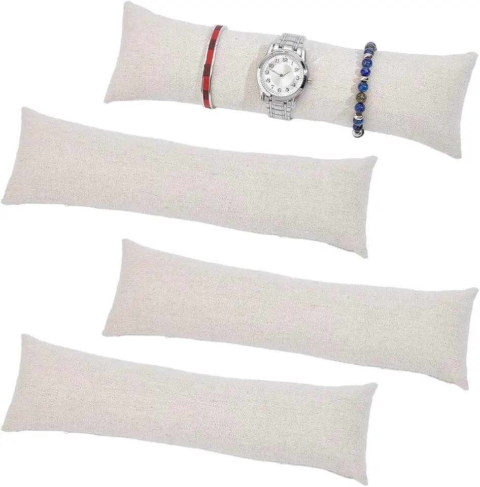 PH PandaHall 4pcs Long Watch Pillows, 11 x 3 Inch Linen Bracelet Pillows Beige Sparkling Watch Display Pillow Cushion Pad Pillow Bracelet Bangle Cushions Jewelry Pillow for Display Stand Organizer