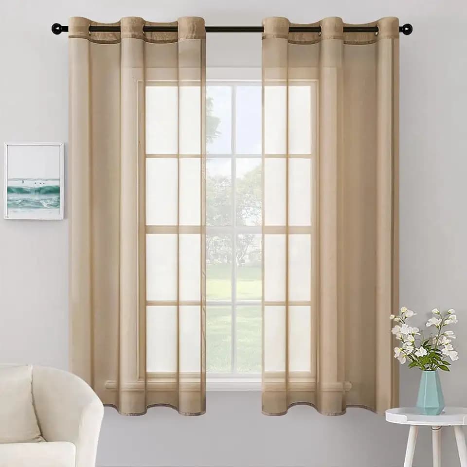 MIULEE Solid Color Sheer Curtains 63 Inches Long 2 Panels Set - Elegant Lightweight Grommet Light Filtering Window Voile Panels/Drapes/Treatment for Bedroom Living Room W42 x L63 Inch, Taupe Brown