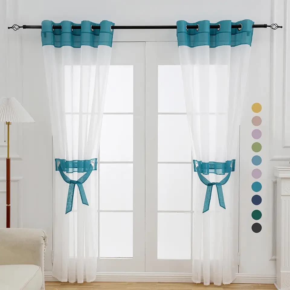 L.Z.E Teal Sheer Curtains 96 Inches Long 2 Panels Set for Living Room, White and Teal Sheer Curtains for Bedroom Kids Room Dining Room, Grommet Top See-Through Window Sheers (56" W x 96" L)