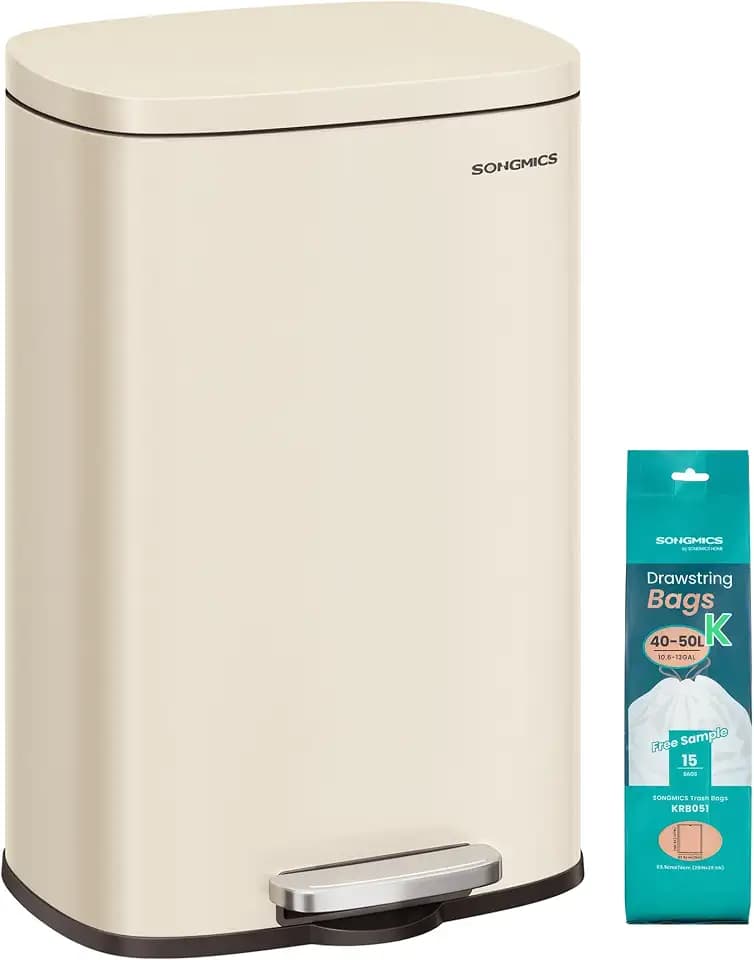 SONGMICS 13 Gallon (50 L) Trash Can, Stainless Steel, Step-On Pedal