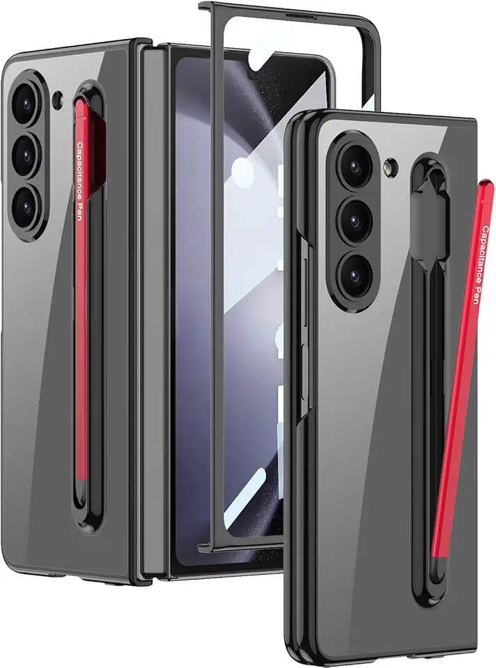 für Samsung Galaxy Z Fold 5 Transparente Hülle mit S Pen Halter & S Pen,Kristall Klar Beschichtung Hülle mit Bildschirmschutz, Luxuriöse Stoßfeste Anti-Kratz Case(Schwarz+Roter Stift)