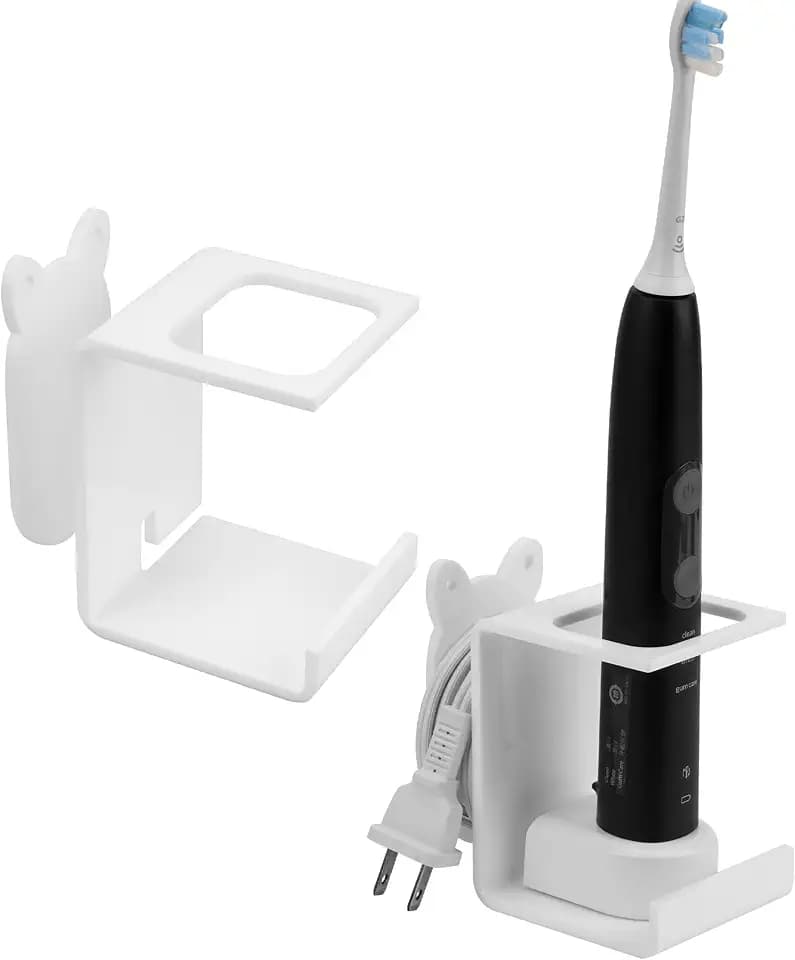 Electric Toothbrush Holder Wall Mounted, Electric Toothbrush Cord Organizer Holds 1 Chargers, Self Adhesive Electric Toothbrush Stand for Bathroom, Medicine Cabinet, Dorm(White 2Pack)