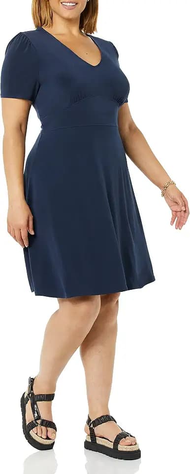 Amazon Essentials Women's Short Sleeve V-Neck Gathered Flattering Fit and Flare Dress