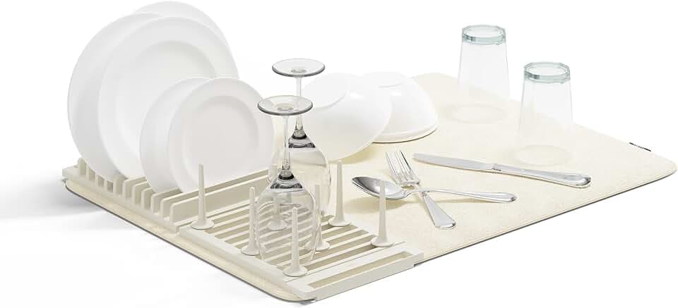Umbra Udry Dish Rack with Movable Pegs and Microfiber Drying Mat – Space-Saving Design Folds Up for Easy Storage, Basic Rack, Linen